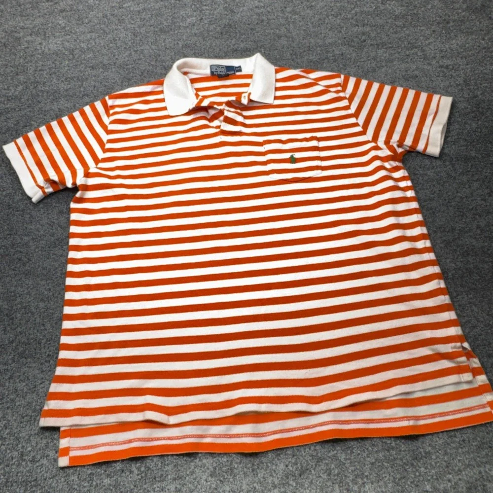 Vintage Polo Ralph Lauren Shirt Mens 2XL Orange Striped Pique Pocket Polo 90s